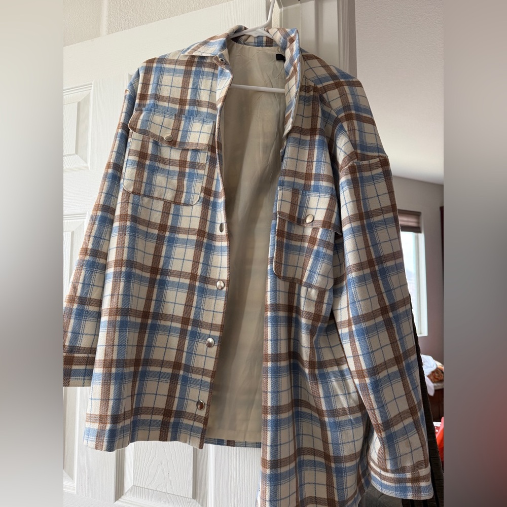Oversized Plaid Button-Up Shacket in Blue and Brown
